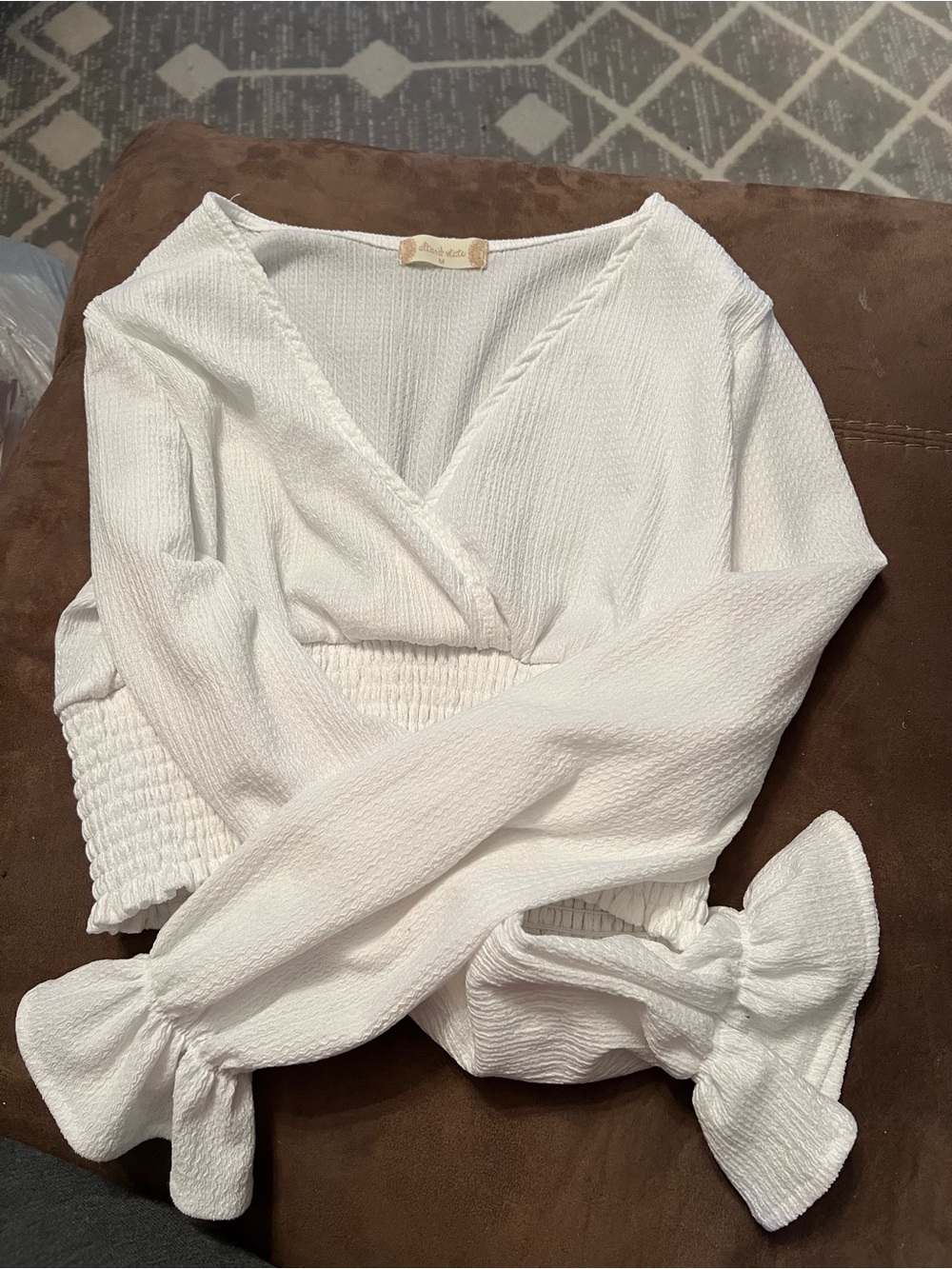 Altar'd State White V-Neck Smocked-Waist Long Sleeve Blouse